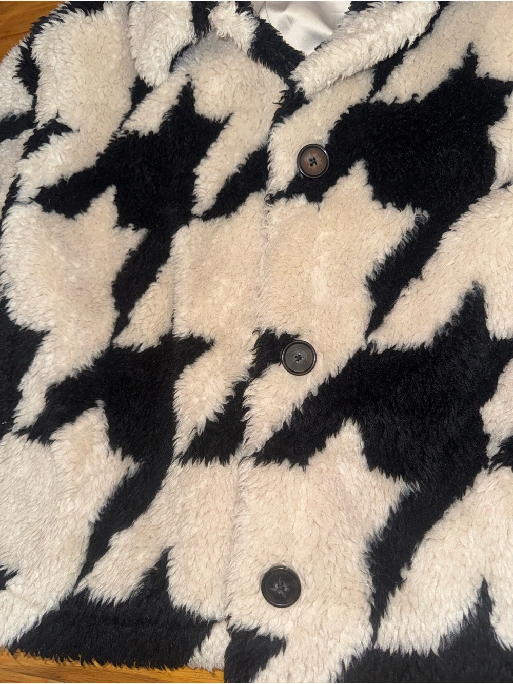 Women’s Black & Cream Faux Shearling Jacket - “Love Birds Houndstooth Coat” - Picture 5 of 10